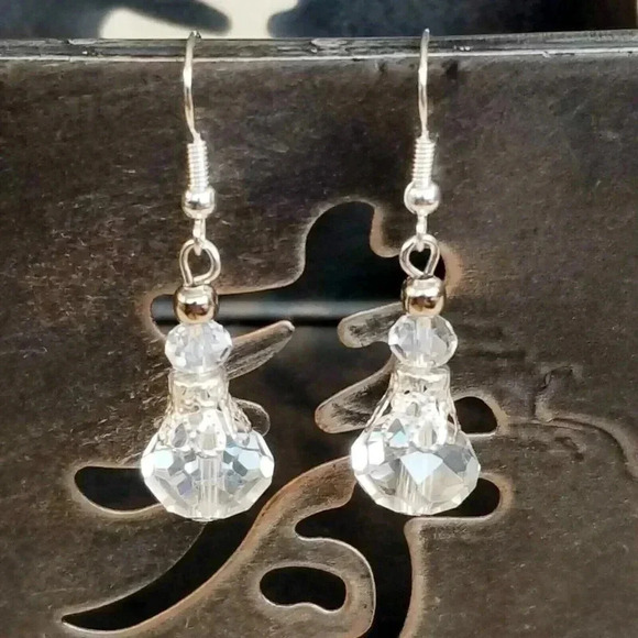 Handcrafted Victorian Clear Crystal Silver Filigree Basket Earrings - Picture 1 of 8